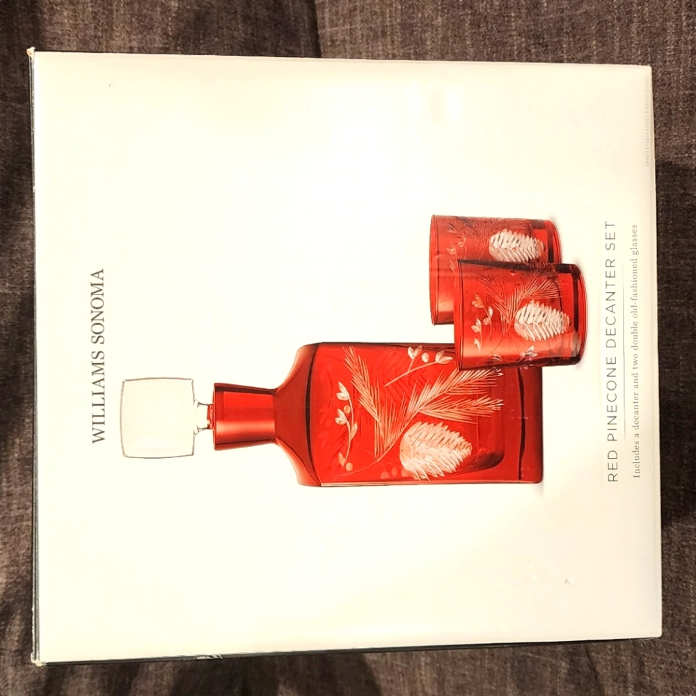 Red Pinecone Glass Cut Decanter and Cup Set